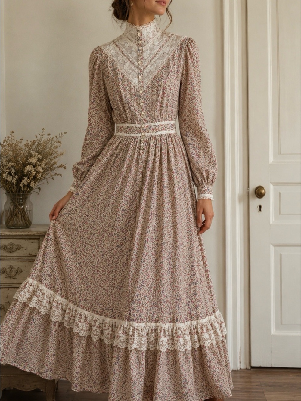 Gunne Sax Pink Floral Lace-Trim Maxi Dress